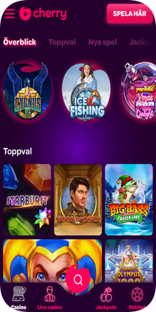 CherryCasinon pääsivu ja valikko